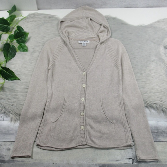 TOMMY BAHAMA Gray Lea Hooded Knit Linen Cardigan Button V-Neck Sweater Size XS - Picture 6 of 14
